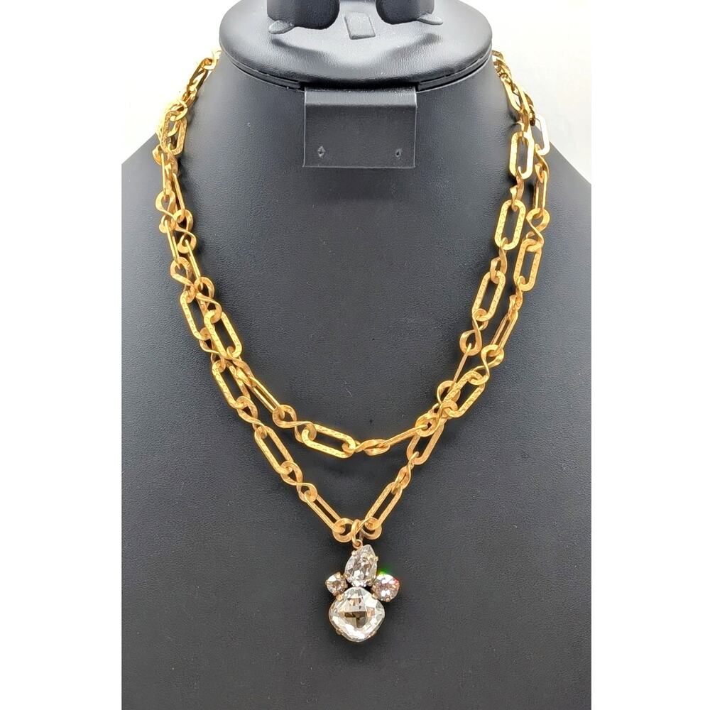 Catherine Popesco France 2 Strand Gold Tone Chain Rhinestone Pendant Necklace